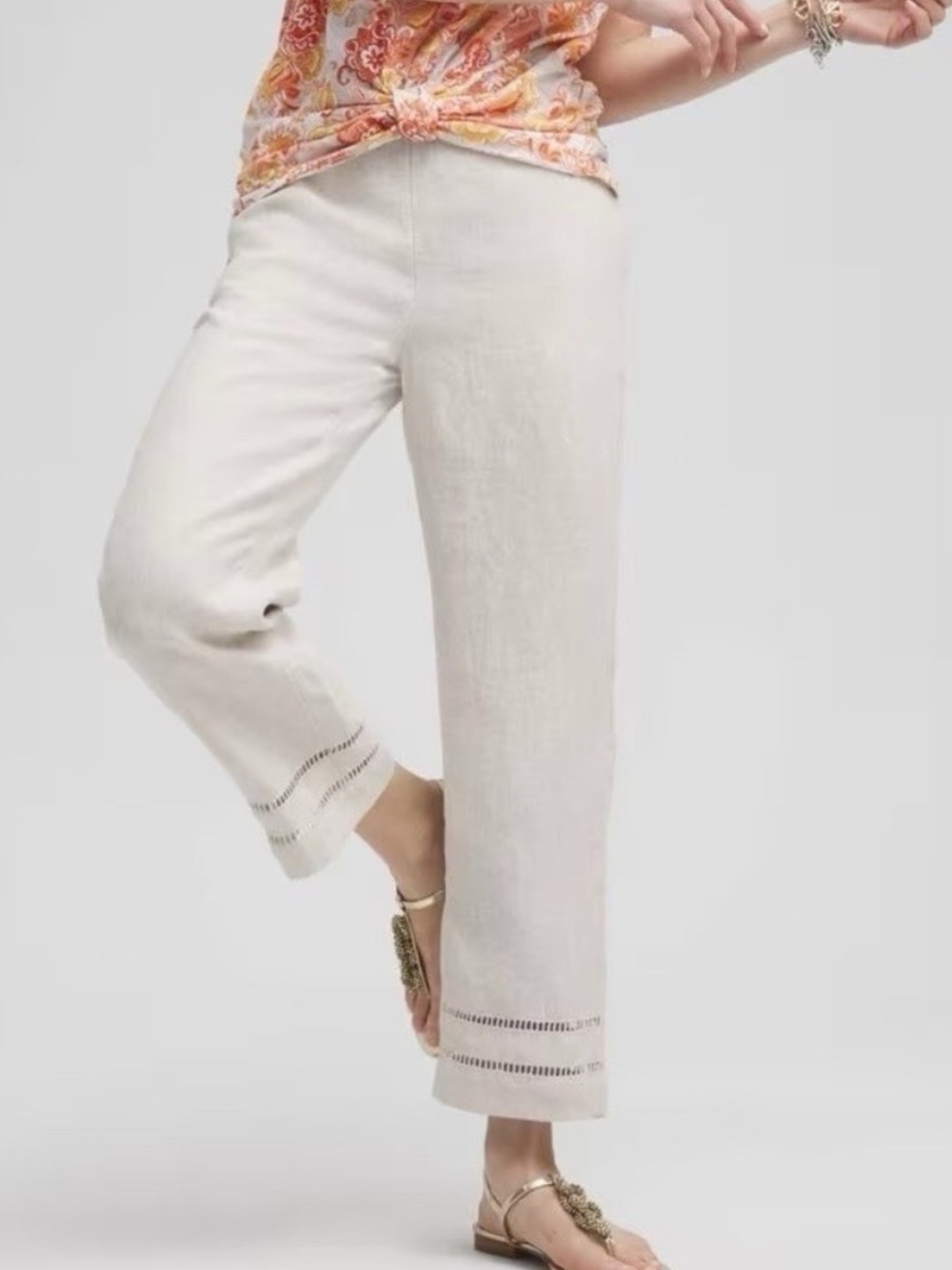 NWT Chicos Pull On Linen Ladder Trim Cropped Pants Oatmeal Size 2 US 12 Large